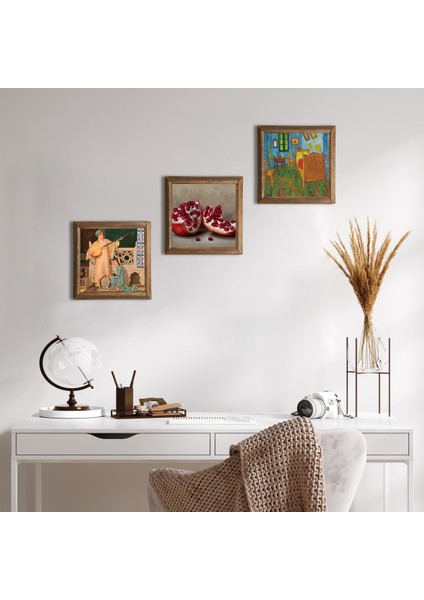 Van Gogh Yatak Odası, İki Müzisyen Kız, Nar Taş Duvar Tablosu Ahşap Çerçeveli Duvar Dekoru 3 Parça Tablo Seti Wall Art W3-1512