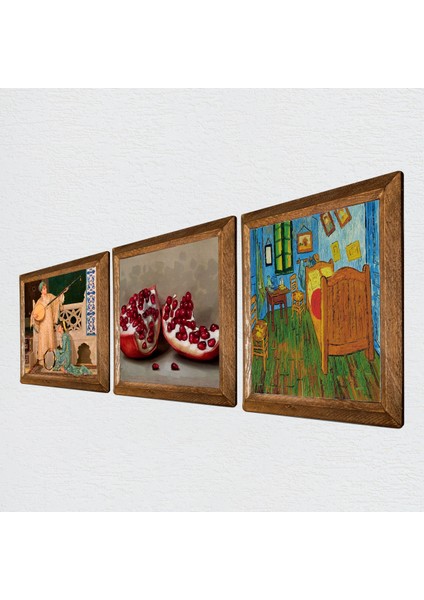 Van Gogh Yatak Odası, İki Müzisyen Kız, Nar Taş Duvar Tablosu Ahşap Çerçeveli Duvar Dekoru 3 Parça Tablo Seti Wall Art W3-1512 fiyatları