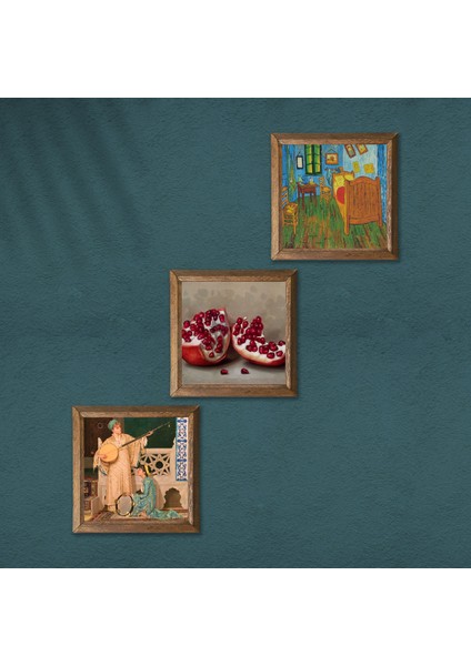 Van Gogh Yatak Odası, İki Müzisyen Kız, Nar Taş Duvar Tablosu Ahşap Çerçeveli Duvar Dekoru 3 Parça Tablo Seti Wall Art W3-1512 modelleri