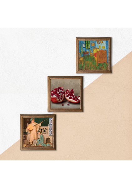 Van Gogh Yatak Odası, İki Müzisyen Kız, Nar Taş Duvar Tablosu Ahşap Çerçeveli Duvar Dekoru 3 Parça Tablo Seti Wall Art W3-1512 indirimleri