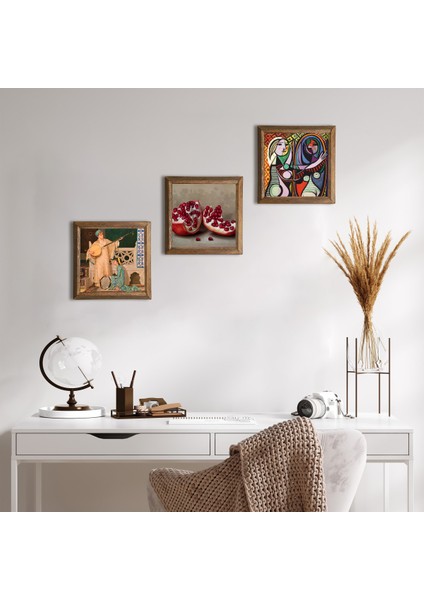 Picasso Ayna Karşısındaki Kız, İki Müzisyen Kız, Nar Taş Duvar Tablosu Ahşap Çerçeveli Duvar Dekoru 3 Parça Tablo Seti Wall Art W3-1515