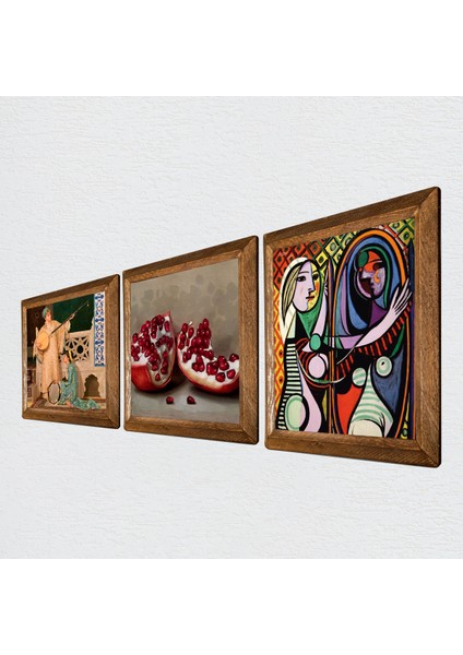 Picasso Ayna Karşısındaki Kız, İki Müzisyen Kız, Nar Taş Duvar Tablosu Ahşap Çerçeveli Duvar Dekoru 3 Parça Tablo Seti Wall Art W3-1515