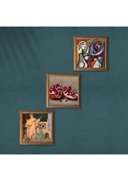 Picasso Ayna Karşısındaki Kız, İki Müzisyen Kız, Nar Taş Duvar Tablosu Ahşap Çerçeveli Duvar Dekoru 3 Parça Tablo Seti Wall Art W3-1515