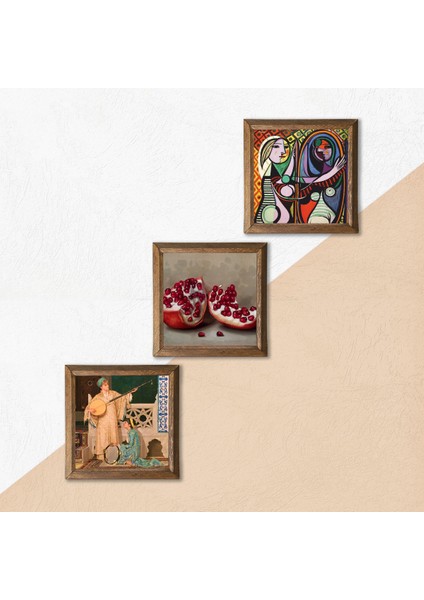 Picasso Ayna Karşısındaki Kız, İki Müzisyen Kız, Nar Taş Duvar Tablosu Ahşap Çerçeveli Duvar Dekoru 3 Parça Tablo Seti Wall Art W3-1515