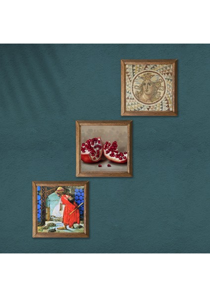 Mozaik Serisi, Kaplumbağa Terbiyecisi, Nar Ahşap Çerçeveli Taş Duvar Tablosu 3’lü Set – 25x25 cm Dekoratif Modern Sanat – Ev ve Ofis Dekoru |W3-1532| modelleri