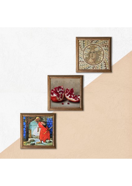 Mozaik Serisi, Kaplumbağa Terbiyecisi, Nar Ahşap Çerçeveli Taş Duvar Tablosu 3’lü Set – 25x25 cm Dekoratif Modern Sanat – Ev ve Ofis Dekoru |W3-1532| indirimleri
