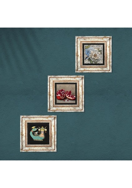 Kelebekli Çiçek, Şahmeran, Nar Çerçeveli Taş Duvar Tablosu 3’lü Set - Dekoratif Modern Sanat, Ev ve Ofis Dekoru |TK3-956| fırsatları