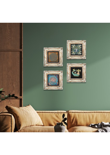 Hayat Ağacı, Yaşam Çiçeği, Şahmeran Çerçeveli Taş Duvar Tablosu 4’lü Set - Dekoratif Modern Sanat, Ev ve Ofis Dekoru |TK4-492|