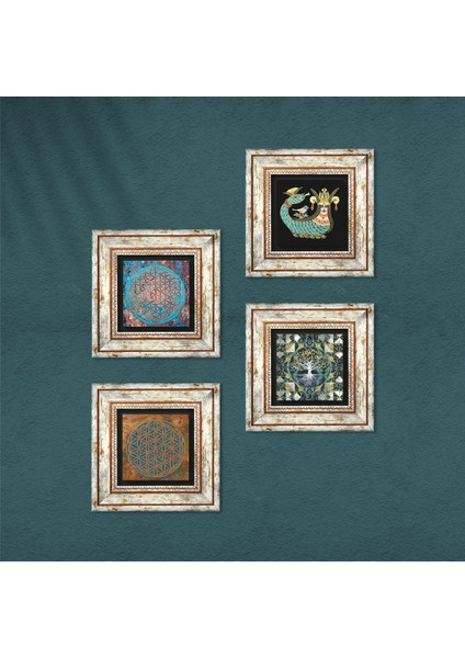 Hayat Ağacı, Yaşam Çiçeği, Şahmeran Çerçeveli Taş Duvar Tablosu 4’lü Set - Dekoratif Modern Sanat, Ev ve Ofis Dekoru |TK4-492| fırsatları