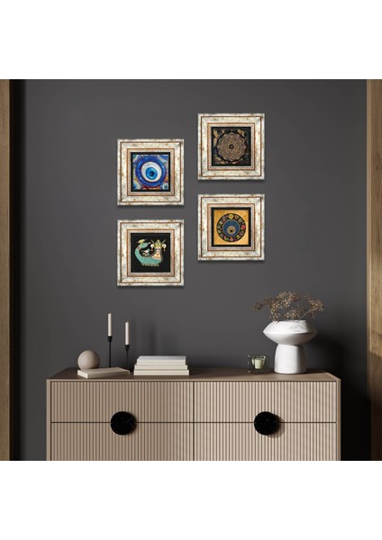 Sri Yantra, Nazar, Şahmeran Taş Duvar Tablosu Çerçeveli Duvar Dekoru 4 Parça Tablo Seti Wall Art T4-1221