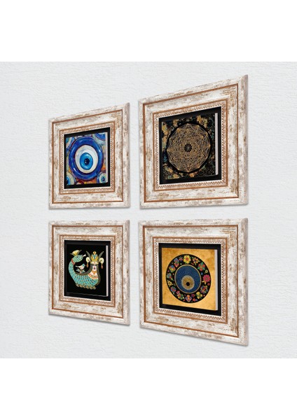 Sri Yantra, Nazar, Şahmeran Taş Duvar Tablosu Çerçeveli Duvar Dekoru 4 Parça Tablo Seti Wall Art T4-1221