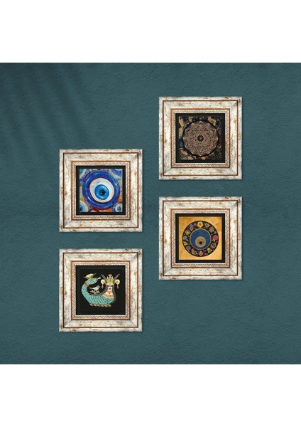 Sri Yantra, Nazar, Şahmeran Taş Duvar Tablosu Çerçeveli Duvar Dekoru 4 Parça Tablo Seti Wall Art T4-1221