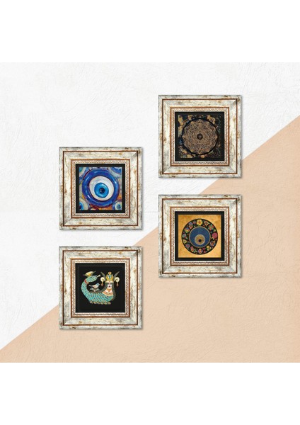 Sri Yantra, Nazar, Şahmeran Taş Duvar Tablosu Çerçeveli Duvar Dekoru 4 Parça Tablo Seti Wall Art T4-1221