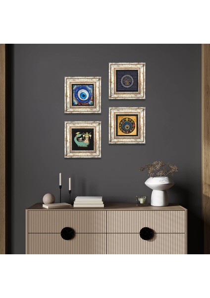 Nazar, Şahmeran Taş Duvar Tablosu Çerçeveli Duvar Dekoru 4 Parça Tablo Seti Wall Art T4-1222