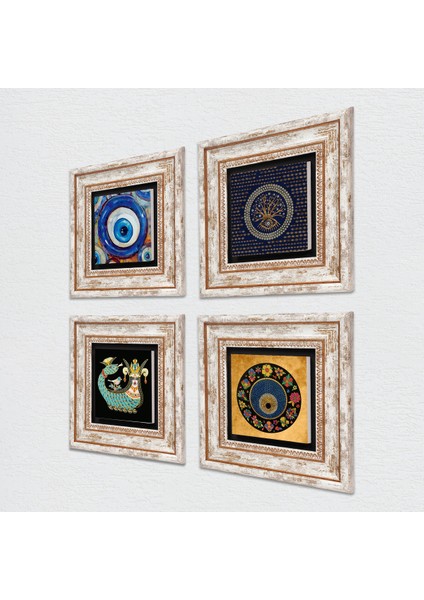 Nazar, Şahmeran Taş Duvar Tablosu Çerçeveli Duvar Dekoru 4 Parça Tablo Seti Wall Art T4-1222