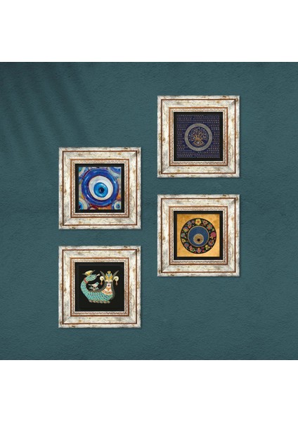 Nazar, Şahmeran Taş Duvar Tablosu Çerçeveli Duvar Dekoru 4 Parça Tablo Seti Wall Art T4-1222