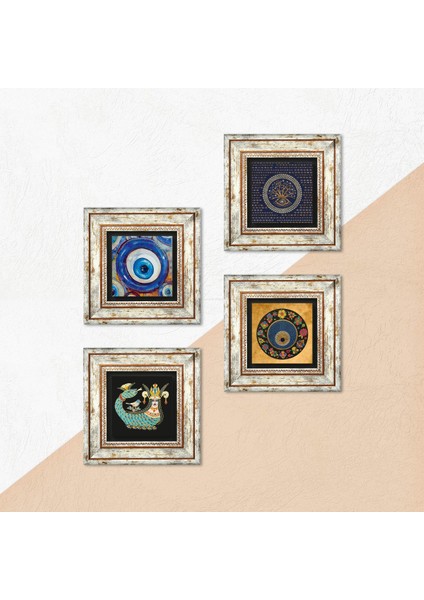 Nazar, Şahmeran Taş Duvar Tablosu Çerçeveli Duvar Dekoru 4 Parça Tablo Seti Wall Art T4-1222