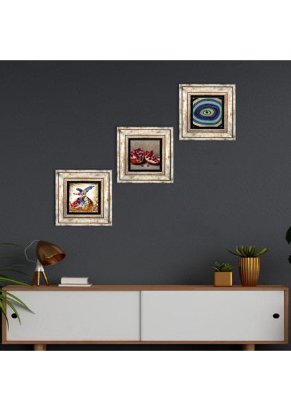 Nazar, Semazen, Nar Taş Duvar Tablosu Çerçeveli Duvar Dekoru 3 Parça Tablo Seti Wall Art T3-883