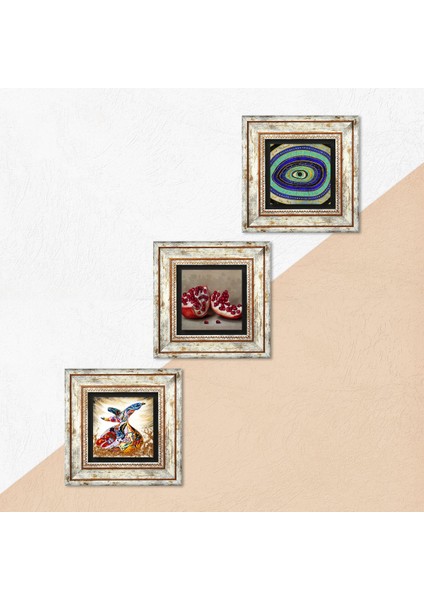 Nazar, Semazen, Nar Taş Duvar Tablosu Çerçeveli Duvar Dekoru 3 Parça Tablo Seti Wall Art T3-883