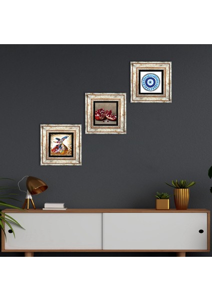 Nazar, Semazen, Nar Taş Duvar Tablosu Çerçeveli Duvar Dekoru 3 Parça Tablo Seti Wall Art T3-894