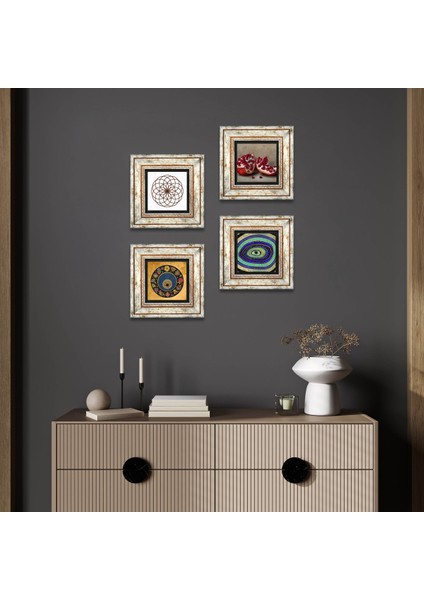 Yaşam Çiçeği, Nazar, Nar Çerçeveli Taş Duvar Tablosu 4’lü Set - Dekoratif Modern Sanat, Ev ve Ofis Dekoru |TK4-1034|