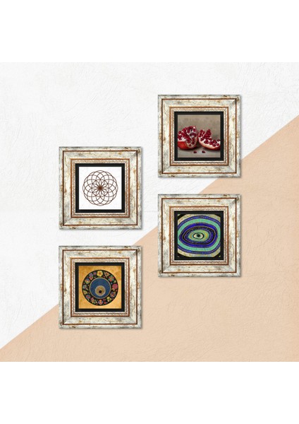 Yaşam Çiçeği, Nazar, Nar Çerçeveli Taş Duvar Tablosu 4’lü Set - Dekoratif Modern Sanat, Ev ve Ofis Dekoru |TK4-1034| indirimleri