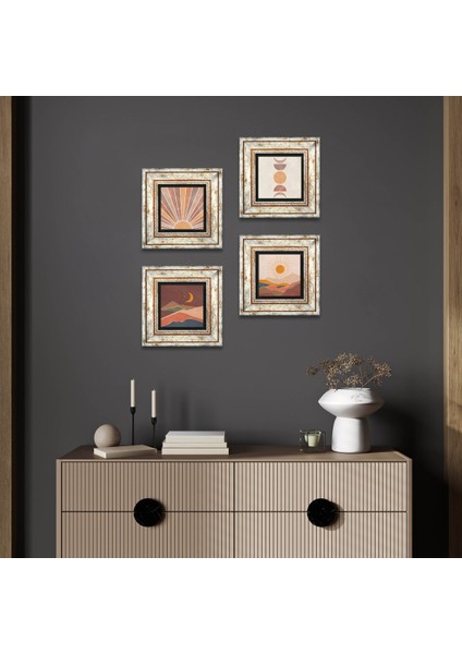 Bohem, Minimalist Soyut Taş Duvar Tablosu Çerçeveli Duvar Dekoru 4 Parça Tablo Seti Wall Art T4-1192