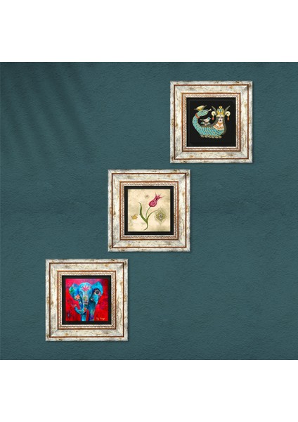 Fil, Lale Ebru Sanatı, Şahmeran Çerçeveli Taş Duvar Tablosu 3’lü Set - Dekoratif Modern Sanat, Ev ve Ofis Dekoru |TK3-671| fırsatları