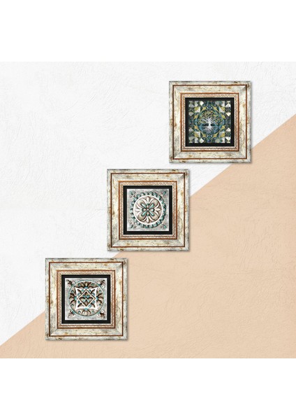 Hayat Ağacı, Çini Sanatı Çerçeveli Taş Duvar Tablosu 3’lü Set - Dekoratif Modern Sanat, Ev ve Ofis Dekoru |TK3-683| indirimleri