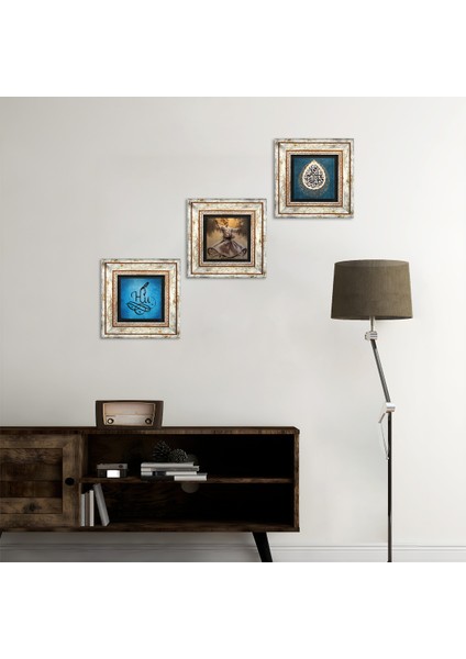 Stone Semazen, Hu, Araf Suresi 31.Ayet Çerçeveli Taş Duvar Tablosu 3’lü Set - Dekoratif Modern Sanat, Ev ve Ofis Dekoru |TK3-69|