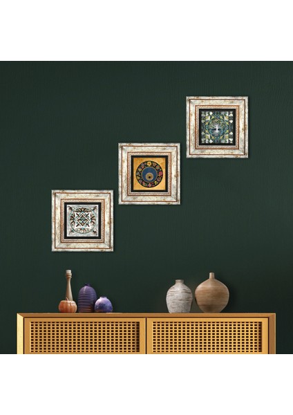 Hayat Ağacı, Nazar, Çini Sanatı Çerçeveli Taş Duvar Tablosu 3’lü Set - Dekoratif Modern Sanat, Ev ve Ofis Dekoru |TK3-692|