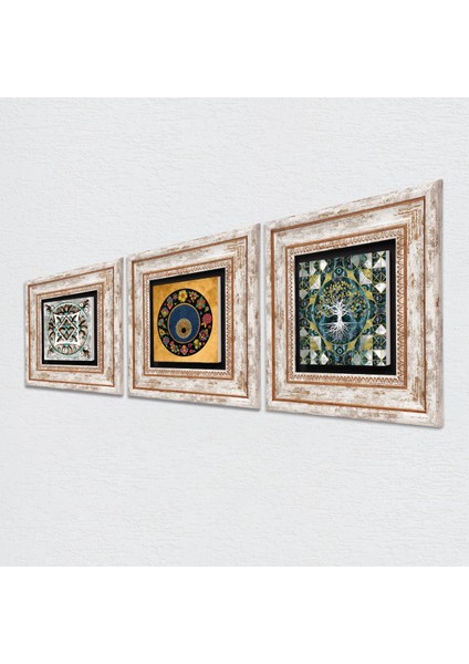 Hayat Ağacı, Nazar, Çini Sanatı Çerçeveli Taş Duvar Tablosu 3’lü Set - Dekoratif Modern Sanat, Ev ve Ofis Dekoru |TK3-692| fiyatları