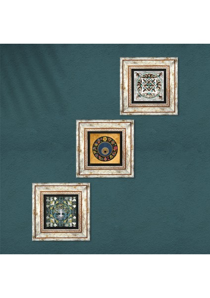 Hayat Ağacı, Nazar, Çini Sanatı Çerçeveli Taş Duvar Tablosu 3’lü Set - Dekoratif Modern Sanat, Ev ve Ofis Dekoru |TK3-692| fırsatları