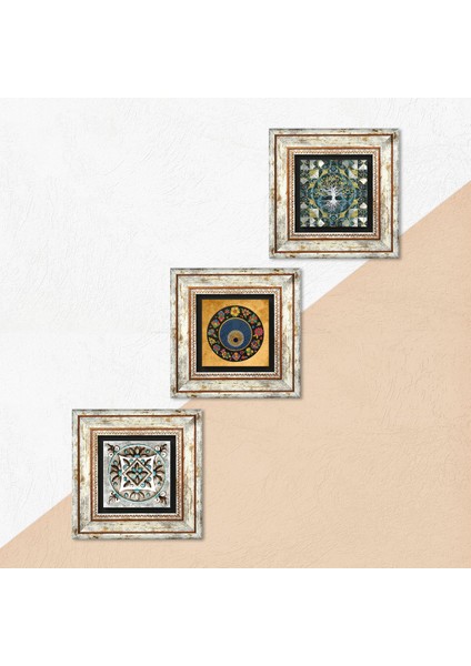Hayat Ağacı, Nazar, Çini Sanatı Çerçeveli Taş Duvar Tablosu 3’lü Set - Dekoratif Modern Sanat, Ev ve Ofis Dekoru |TK3-692| indirimleri