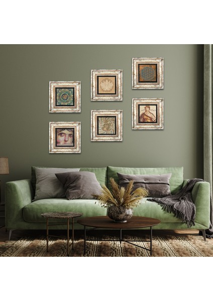 Yaşam Çiçeği, Mandala, Lotus Çiçeği, Mozaik Serisi Taş Duvar Tablosu Çerçeveli Duvar Dekoru 6 Parça Tablo Seti Wall Art T6-54