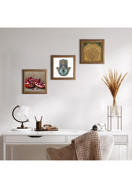 Bereket Duası, Nar, Fatma Ana Eli (Hamsa) Taş Duvar Tablosu Ahşap Çerçeveli Duvar Dekoru 3 Parça Tablo Seti Wall Art W3-730
