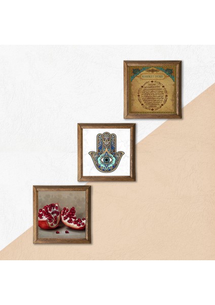 Bereket Duası, Nar, Fatma Ana Eli (Hamsa) Taş Duvar Tablosu Ahşap Çerçeveli Duvar Dekoru 3 Parça Tablo Seti Wall Art W3-730
