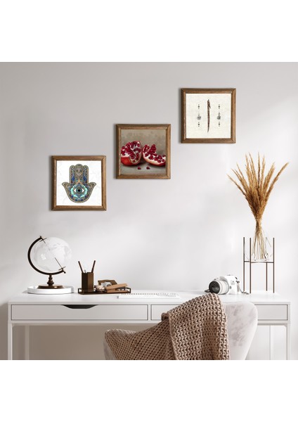 Elif, Nar, Fatma Ana Eli (Hamsa) Ahşap Çerçeveli Taş Duvar Tablosu 3’lü Set – 25x25 cm Dekoratif Modern Sanat – Ev ve Ofis Dekoru |W3-735|