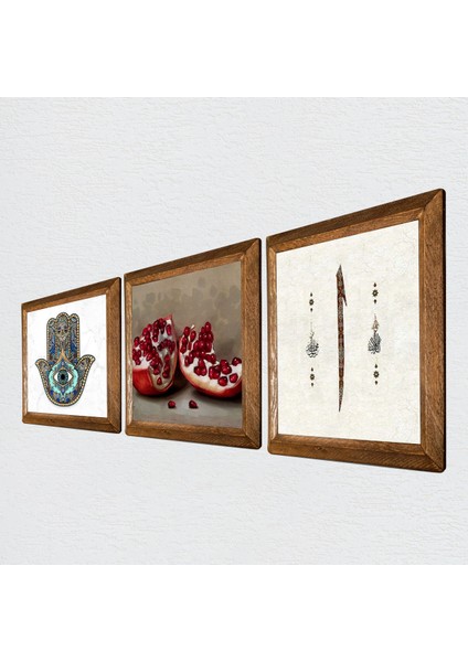 Elif, Nar, Fatma Ana Eli (Hamsa) Ahşap Çerçeveli Taş Duvar Tablosu 3’lü Set – 25x25 cm Dekoratif Modern Sanat – Ev ve Ofis Dekoru |W3-735| fiyatları