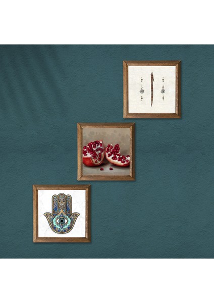 Elif, Nar, Fatma Ana Eli (Hamsa) Ahşap Çerçeveli Taş Duvar Tablosu 3’lü Set – 25x25 cm Dekoratif Modern Sanat – Ev ve Ofis Dekoru |W3-735| modelleri