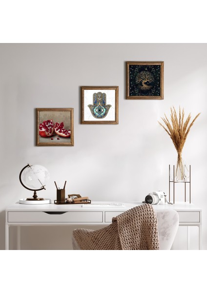 Stone Hayat Ağacı, Nar, Fatma Ana Eli (Hamsa) Ahşap Çerçeveli Taş Duvar Tablosu 3’lü Set – 25x25 cm Dekoratif Modern Sanat – Ev ve Ofis Dekoru |W3-739|