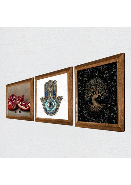Stone Hayat Ağacı, Nar, Fatma Ana Eli (Hamsa) Ahşap Çerçeveli Taş Duvar Tablosu 3’lü Set – 25x25 cm Dekoratif Modern Sanat – Ev ve Ofis Dekoru |W3-739| fiyatları