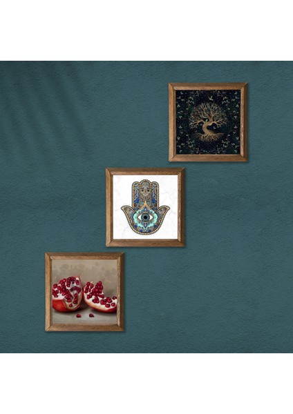 Stone Hayat Ağacı, Nar, Fatma Ana Eli (Hamsa) Ahşap Çerçeveli Taş Duvar Tablosu 3’lü Set – 25x25 cm Dekoratif Modern Sanat – Ev ve Ofis Dekoru |W3-739| modelleri