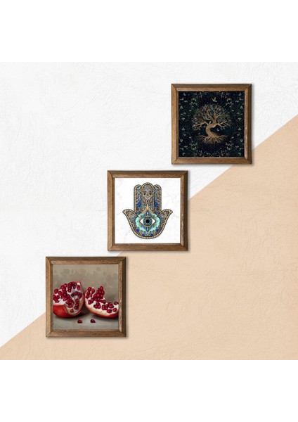 Stone Hayat Ağacı, Nar, Fatma Ana Eli (Hamsa) Ahşap Çerçeveli Taş Duvar Tablosu 3’lü Set – 25x25 cm Dekoratif Modern Sanat – Ev ve Ofis Dekoru |W3-739| indirimleri