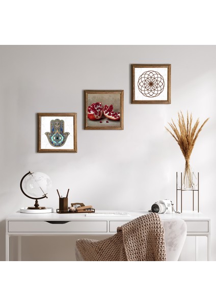 Yaşam Çiçeği, Nar, Fatma Ana Eli (Hamsa) Ahşap Çerçeveli Taş Duvar Tablosu 3’lü Set – 25x25 cm Dekoratif Modern Sanat – Ev ve Ofis Dekoru |W3-743|