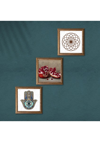 Yaşam Çiçeği, Nar, Fatma Ana Eli (Hamsa) Ahşap Çerçeveli Taş Duvar Tablosu 3’lü Set – 25x25 cm Dekoratif Modern Sanat – Ev ve Ofis Dekoru |W3-743| modelleri