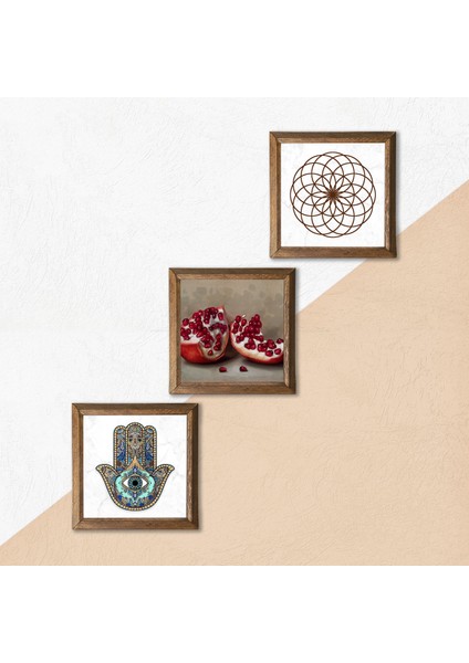 Yaşam Çiçeği, Nar, Fatma Ana Eli (Hamsa) Ahşap Çerçeveli Taş Duvar Tablosu 3’lü Set – 25x25 cm Dekoratif Modern Sanat – Ev ve Ofis Dekoru |W3-743| indirimleri