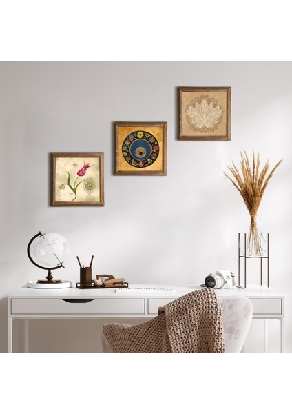 Lotus Çiçeği, Lale Ebru Sanatı, Nazar Taş Duvar Tablosu Ahşap Çerçeveli Duvar Dekoru 3 Parça Tablo Seti Wall Art W3-75