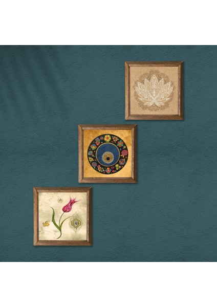 Lotus Çiçeği, Lale Ebru Sanatı, Nazar Taş Duvar Tablosu Ahşap Çerçeveli Duvar Dekoru 3 Parça Tablo Seti Wall Art W3-75
