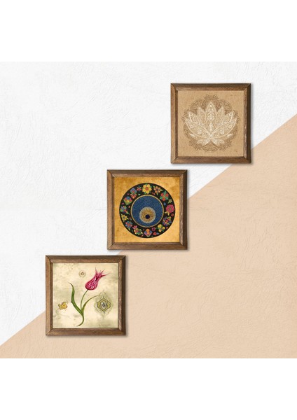 Lotus Çiçeği, Lale Ebru Sanatı, Nazar Taş Duvar Tablosu Ahşap Çerçeveli Duvar Dekoru 3 Parça Tablo Seti Wall Art W3-75